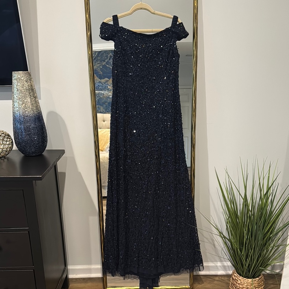 Adrianna Papell Navy Blue Sequin Maxi Dress